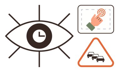 Saati sembolize eden merkezi göz, zaman farkındalığı, trafik uyarı üçgeni ve etkileşim için el dokunuşu arayüzü. Zaman yönetimi, güvenlik, odaklanma, navigasyon ve karar verme için ideal