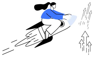 Kadın roketin üstünde yukarı doğru hızlanıyor, oklar başarıyı ve büyümeyi simgeliyor. Yenilik, iş büyümesi, ilerleme, kariyer ilerlemesi, başlangıç başarısı, hırs ve yaratıcılık için ideal