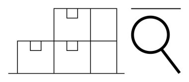 İncelemeyi veya analizi sembolize eden bir büyüteçle düzenli olarak düzenlenmiş kutular. Lojistik, envanter, kalite kontrol, depo yönetimi, tedarik zinciri, üretkenlik, basit