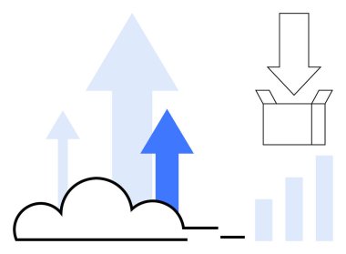 Yukarıya doğru giden oklarla bulut hatları kutunun yanında yükleme ve indirme için aşağı doğru ok sinyalleri veriyor. Analiz için bar çizelgesi içerir. Teknoloji, bulut hesaplama, veri transferi, depolama için ideal