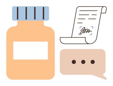 Reçeteli belgenin yanında boş etiketli ilaç şişesi ve noktalı konuşma balonu. Sağlık, eczane, ilaç, iletişim, tıbbi danışmanlık, reçete hizmetleri için ideal