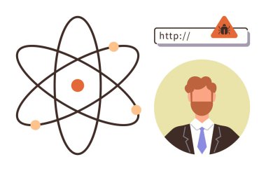 Atom modeli, URL çubuğunda uyarı işareti, takım elbiseli profesyonel figür. Siber güvenlik, bilişim eğitimi, kötü amaçlı yazılım önleme, çevrimiçi güvenlik, bilim insanları, profesyoneller için ideal basit düz metafor