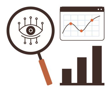 Dijital gözü olan büyüteç, eğilim çizgisi olan grafik ve analitik ve içgörü aktaran bar çizelgesi. Araştırma, analiz, teknoloji, veri görselleştirme, ilerleme izleme ve raporlama için ideal