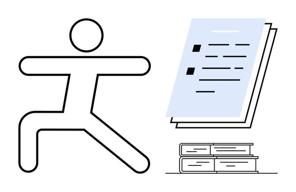 Person practicing yoga pose beside books and documents, symbolizing harmony between body and mind. Ideal for wellness, fitness, mindfulness, self-help, education, balance productivity. Simple flat