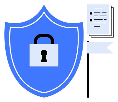 Güvenlik, belgeler ve kurallara uymayı temsil eden bayrağı simgeleyen asma kilidi olan mavi bir kalkan. Siber güvenlik, gizlilik, koruma, politikalar, yönetmelikler, güvenlik için basit düz metafor