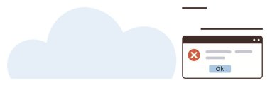 Tarayıcı pencereli bir bulut hata bildirimi, kırmızı uyarı işareti ve OK düğmesi gösterir. Bulut hesaplama, veri depolama, teknik hatalar, UI tasarımı, siber güvenlik, sorun giderme için ideal