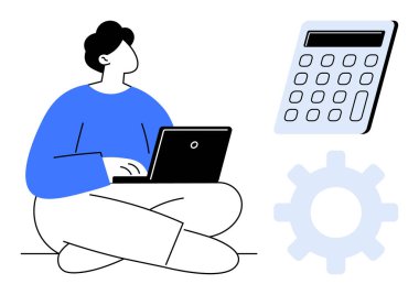 Hesap makinesi ve teçhizatla birlikte dizüstü bilgisayarda çalışırken bacak bacak üstüne atmış bir insan. Takım çalışması, verimlilik, teknoloji, yenilik, proje yönetimi, öğrenme verimliliği için idealdir. Basit.