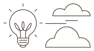 Ampul soyut yuvarlak bulutların yanında fikirler yayıyordu. Yaratıcılık, yenilik, beyin fırtınası, soyut düşünce, teknoloji, ilham, büyüme için idealdir. Minimalist düz metafor