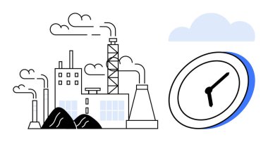 Bacaları duman, kömür yığınları ve aciliyeti gösteren bir saat yayan bir fabrika. Çevre için ideal, kirlilik, zaman, iklim değişikliği, enerji endüstrisi sürdürülebilirliği. Basit düz metafor