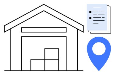 Depoda istiflenmiş kutular, kontrol listesi ve mavi işaret var. Lojistik, envanter, belge yönetimi, teslimat, tedarik zinciri stratejisi için ideal. Basit düz metafor
