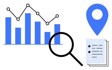 Eğilim çizgisi olan çubuk grafik, büyüteç, lokasyon iğnesi ve belgeler analizi, araştırmayı, veriye dayalı kararları, pazar çalışmasını, yer-tabanlı içgörüleri ima eder. İş analizi verileri için ideal