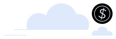 Asgari mavi bulutların yanındaki siyah çemberdeki dolar işareti dijital depolama, mali yönetim, maliyet verimliliği ve bulut teknolojisini çağrıştırıyor. Teknoloji, finans, tasarruf, iş, yatırım için ideal