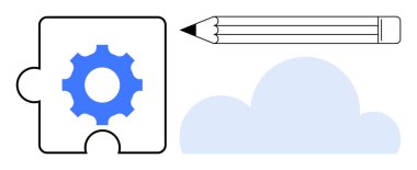 Teçhizat, kalem ve bulut motifli bulmaca parçası beyin fırtınası, yenilik ve yaratıcı takım çalışmasını temsil ediyor. Takım çalışması, strateji, planlama, yaratıcılık problem çözme bulutu için ideal