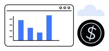 Verileri, finansmanı ve teknolojiyi vurgulayan web sayfası arayüzü, bulut ögesi ve dolar madeni para çubuğu grafiği. İş analizi, finans, bulut hesaplama, yatırım dijital araçları pazarlama için ideal