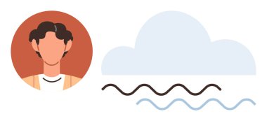 Biçimlendirilmiş bulut ve dalgalı çizgilerin yanındaki kişinin profili, öz yansımayı, yeniliği ve bağlantıyı simgeliyor. Yaratıcılık, kimlik, iletişim, bulut hesaplama, minimalizm için ideal