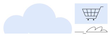 Açık mavi bulut, alışveriş arabası ikonu, ve e-ticaret, online alışveriş, veri depolama taşıyan minimal çizgiler. Teknoloji, perakende, bağlantı, dijital dağıtım bulut hesaplama alışverişi için ideal