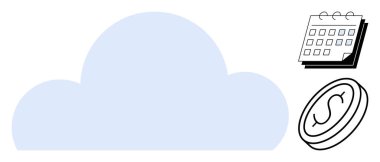 Takvim ve madeni para simgeleriyle odaklanmış bulut kaynak yönetimi, planlama ve finansal planlamayı sembolize eder. Finans, verimlilik, bulut hizmetleri, bütçe, organizasyon ve ekonomi için ideal