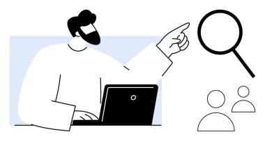 Bilgisayarda çalışan kişi büyüteçle odaklanmayı, aramayı ve takım çalışmasını sembolize ediyor. Liderlik, analiz, askere alma, araştırma, işbirliği ekip yönetimi için ideal