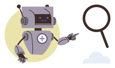 Antenli robot büyük bir büyüteci işaret ediyor. Teknoloji, yapay zeka, yenilik, araştırma, keşif, problem çözme, eğitim için idealdir. Basit düz metaforu mükemmel bir şekilde sembolize eder.