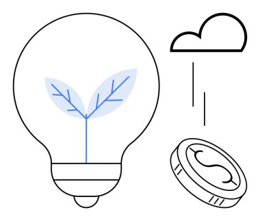 Filizlenen yapraklı ampul, düşen bozuk para ve bulut ekolojik yenilik, tasarruf ve büyümeyi temsil ediyor. Sürdürülebilirlik için ideal, yeşil enerji, yatırım, yaratıcılık eko-finansman yenilenebilir