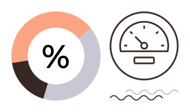 Yüzdelik sembollü turta grafiği, hız göstergesi ve veri analizi, verimlilik ve metrik için dalgalı çizgiler. Performans, analitik, ölçüm, ilerleme izleme istatistikleri için ideal basit