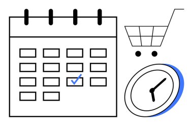 İşaretli takvim, alışveriş arabası ve saat programlama, görev planlama, online alışveriş ve teslim tarihlerini belirtir. Üretkenlik, zaman yönetimi ve e-ticaret için ideal verimlilik hedefini hatırlatıyor