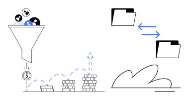 Kümelenmiş büyüme, bulut tabanlı dosya paylaşımı ve veri yönetimi içeren madeni paralara veri filtreleme hunisi. İş stratejisi, analitik, bulut hesaplama, iş akışı, karlılık, veri depolama için ideal