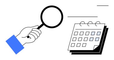 Takvime işaretlenmiş tarihlerle el ele tutuşup büyüteç işaretleri koyuyoruz. Zaman yönetimi, programlama, verimlilik, planlama, organizasyon, mühlet takibi, araştırma için ideal. Basit düz metafor