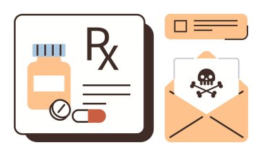 Şişe, hap ve içinde kafatası uyarısı olan bir reçete. Eczane, ilaç güvenliği, sağlık iletişimi, sağlık bilinci, toksikoloji, reçeteli izleme için ideal