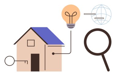 Anahtar, büyüteç, ampul ve soyut yenilik fikirlerini birleştiren ev, mülk arama, çevrimiçi bağlantı. Gayrimenkul, yenilik, araştırma teknolojisi ağı için ideal