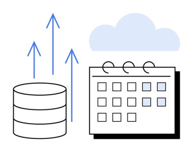 Veritabanı ve mavi oklar zamanlayıcı kutularıyla birlikte bulut ve takvimin yanında. Veri yönetimi, büyüme izleme, bulut depolama, zamanlama, organizasyon, iş akışı planlaması için ideal