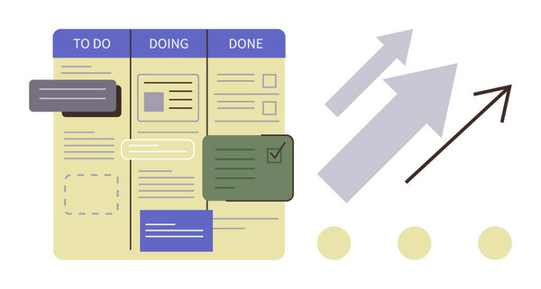 Доска Канбана содержит колонки "Делать", "Делать" и "Делать", с задачами прогресса и стрелками, направленными вверх. Идеально подходит для продуктивности, управления проектами, документооборота, командной работы, отслеживания планирования