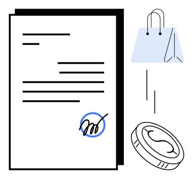 İmzalı sözleşme belgesi, alışveriş çantası ve bozuk para. Ticaret, ticaret, anlaşma, ödeme, perakende hukuk hizmetleri ve ticaret kavramları için idealdir. Basit düz metafor