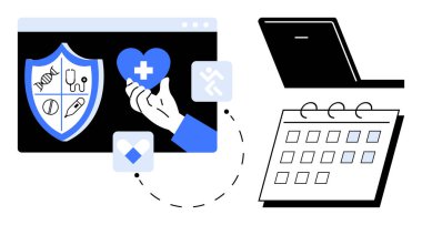 Koruyucu kalkanı, kalp sembolü, takvimi ve dizüstü bilgisayarı olan çevrimiçi sağlık araçları. Teletıp, sağlık programı, dijital araçlar, sağlık, tıbbi planlama için ideal basit bir daire