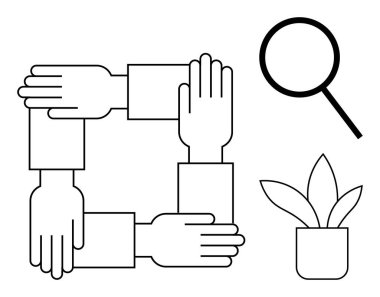 Birbirine bağlı eller kare, büyüteç ve saksı bitkisi oluşturuyor. Takım çalışması, işbirliği, büyüme, birlik, ortaklık araştırma ve geliştirme için ideal. Temiz ve basit düz metafor