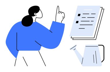 İşaret parmağını kaldıran kadın, istiflenmiş belgelere doğru gidiyor. Sulama, fikirleri ve verimliliği sembolize edebilir. Eğitim, planlama, organizasyon, büyüme, yaratıcılık ve liderlik için ideal