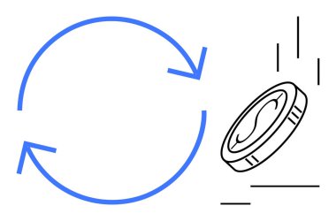 Düşen bozuk parayla mavi dairesel oklar, para dolaşımını, finansal büyümeyi, yatırımı, döviz kurunu, kar dinamiğini, ekonomik akışı ve basit bir dairedeki ticaret operasyonlarını sembolize ediyor.