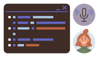 Renkli çizgileri olan kod editörü, mikrofon ikonu ve gülen kullanıcı avatarı ses kontrollü teknolojiyi sembolize ediyor. Yazılım, konuşma tanıma, kullanıcı etkileşimi, yapay zeka araçları ve programlama için ideal