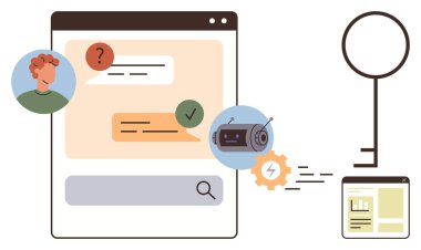 Kullanıcı ve robot mesajlarıyla sohbet ekranı, güvenlik anahtarı aktarımı verileri. Yapay zeka, sohbet robotu, siber güvenlik, veri transferi, iletişim, gizlilik koruması, kusursuz otomasyon için ideal. Basit düz