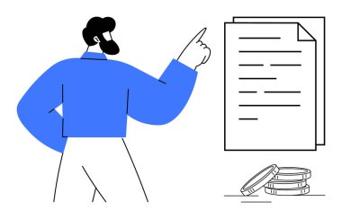 Kenarına istiflenmiş paraların yanında duran kağıtlara doğru hareket eden şahıs. Finans, bütçe, muhasebe, yatırım, analiz, finansal okur-yazarlık ve denetimler için ideal. Basit düz metafor