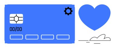 Mavi kredi kartı, vites kutusu, kalp sembolü, altında küçük bulut. Finans, fintech, ödeme çözümleri, müşteri sadakati çevrimiçi işlem teknolojisi kullanıcı memnuniyeti için idealdir. Basit düz