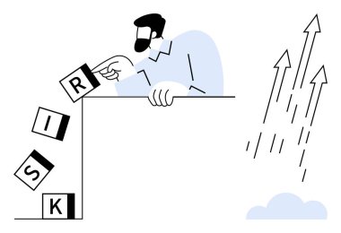 Bireysel yeniden düzenleme blokları çıkıntıdan düşme riskini belirlerken oklar yukarı doğru yükseliyor. Strateji, büyüme, karar verme, risk yönetimi, liderlik, finans ve planlama için ideal. Basit düz