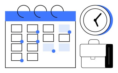 Vurgulanmış tarihler, dairesel saat ve organizasyonu, planlamayı ve teslim tarihlerini sembolize eden bir evrak çantası. Zaman yönetimi, üretkenlik, ofis görevleri, proje planlama etkinliği için ideal