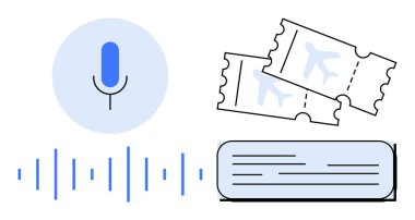 Ses dalgaları, uçak biletleri ve kartı olan mikrofon, sesli kayıt teknolojisini akla getiriyor. Seyahat, yapay zeka, otomasyon, kolaylık, dijital hizmetler, yenilik için ideal düz metafor