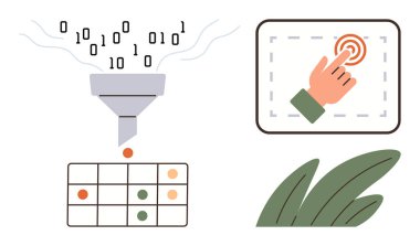 Çift haneli rakamlar organize şebekelere akar, bir el dokunmatik ekranda etkileşir ve yapraklar organik bir dokunuş ekler. Teknoloji, veri analizi, makine eğitimi, kategorize etme, karar verme süreci için ideal