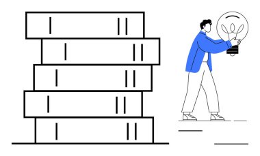 Elinde ampulü tutan bir adam uzun bir kitap yığınının yanından geçiyor. Eğitim, yenilik, yaratıcılık, araştırma, öğrenme, geliştirme ve beyin fırtınası için idealdir. Basit bir düz metafor.