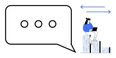 Baro tablosunda dizüstü bilgisayar kullanan bir kadının minimalist tasarımı, büyük konuşma balonu, çift yönlü oklar. İletişim, mesajlaşma, veri analizi, takım çalışması, büyüme, dijital strateji için ideal basit düz