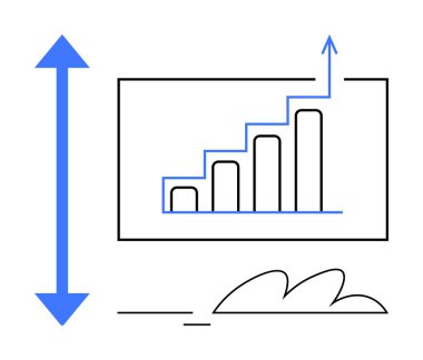 Yukarı doğru oklu çizelge büyümeyi gösteriyor. Ölçüm için mavi çift yönlü ok. Minimalist tarzda. Büyüme, ilerleme, başarı, iş stratejisi, gelir artışı ve analitik için ideal