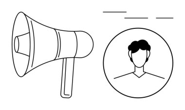 Megafon, anonsu sembolize eder, mesajın güçlendirilmesi, bir kişinin dairesel portresinin yanında. Pazarlama, tanıtım, reklam, iletişim, sosyal yardım ve dijital liderlik için ideal