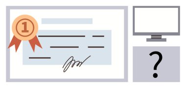 Değerlendirme sonuçlarını gösteren bir bilgisayara bitişik ödül kurdelesi sertifikası. Çevrimiçi öğrenme, mesleki başarı, eğitim, beceri doğrulama, dijital araçlar, kariyer büyümesi için ideal